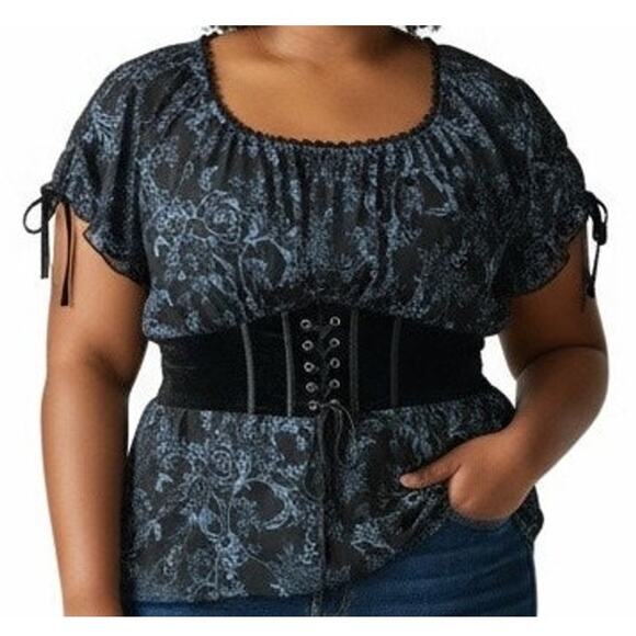 Lane Bryant Black Blue Floral Print Velvet Corset Style Blouse Top 16 Feminine - Picture 1 of 7